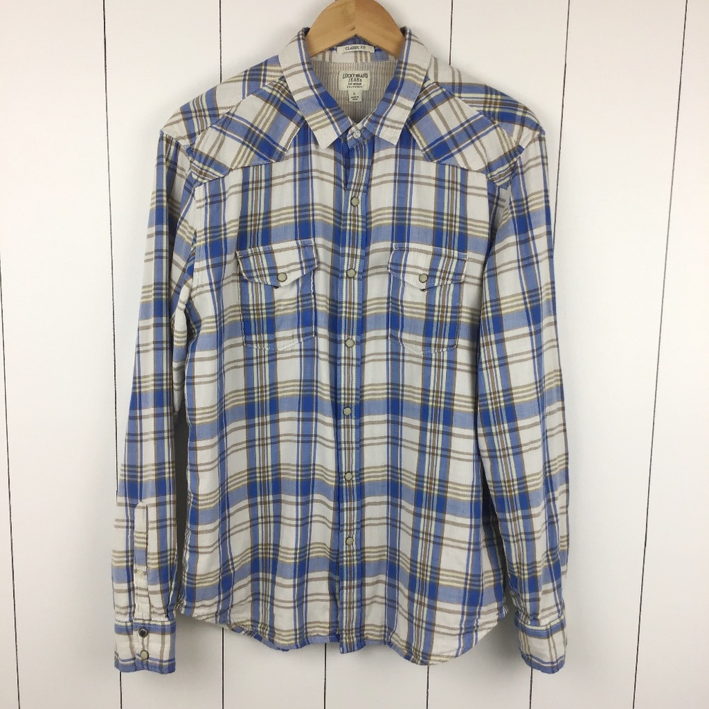 Lucky Brand Men's L Pearl Snap Button Plaid Blue